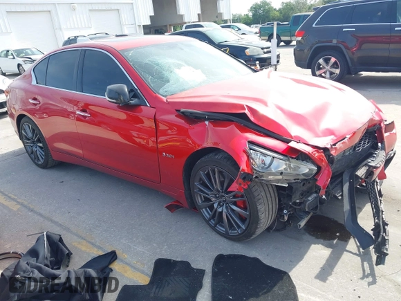2018 Infiniti Q50 Red Sport 400 with VIN JN1FV7AP2JM460824, listed as a IAAI auction lot 42077854 with 91,062 mi miles and . Bid and sale history available at DreamBid. Image 1.