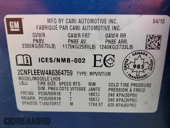2010 Chevrolet Equinox 1LT with VIN 2CNFLEEW4A6364759, listed as a Copart auction lot 55654975 with 244,171 mi miles and Clean Title. Bid and sale history available at DreamBid. Image 13.