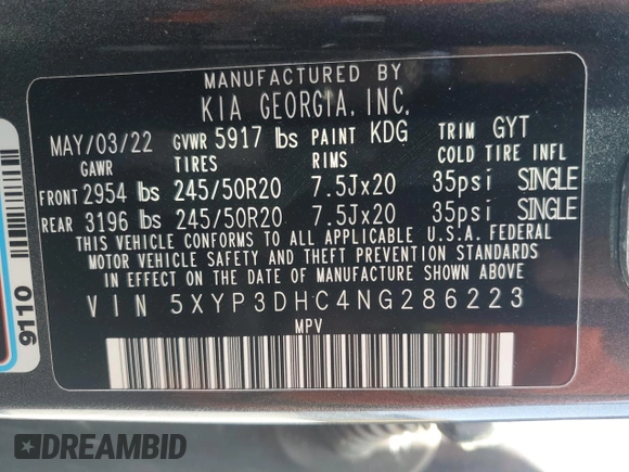 2022 Kia Telluride EX with VIN 5XYP3DHC4NG286223, listed as a Copart auction lot 58838925 with 45,444 mi miles and Salvage title. Bid and sale history available at DreamBid. Image 14.
