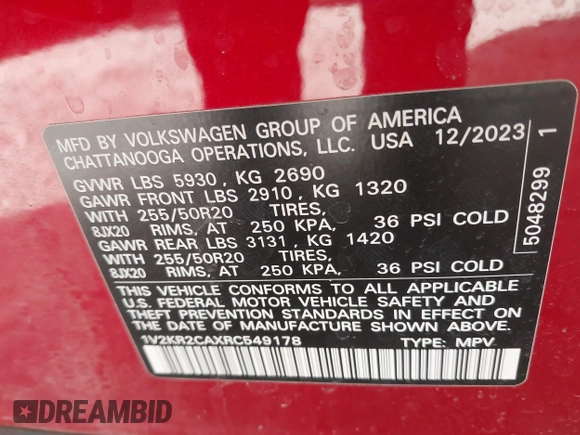 2024 Volkswagen Atlas SE z VIN 1V2KR2CAXRC549178, wystawiony jako IAAI lot #41814027 z przebiegiem 11 552 mil mil oraz . Historia ofert i sprzedaży dostępna na DreamBid. Obrazek 9.