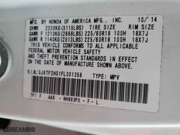 2015 Honda Crosstour EX-L with VIN 5J6TF2H51FL001358, listed as a Copart auction lot 87490884 with 71,965 mi miles and Salvage Title. Bid and sale history available at carsss.com. Image 15.