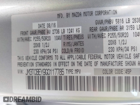2016 Mazda CX-9 Signature with VIN JM3TCBEY9G0117785, listed as a IAAI auction lot 42331883 with 115,096 mi miles and . Bid and sale history available at DreamBid. Image 9.