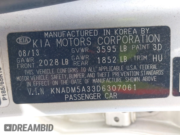 2013 Kia Rio LX with VIN KNADM5A33D6307061, listed as a IAAI auction lot 42143985 with 66,621 mi miles and . Bid and sale history available at DreamBid. Image 9.