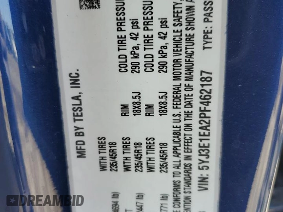 2023 Tesla Model 3 z VIN 5YJ3E1EA2PF462187, wystawiony jako Copart lot #50172395 z przebiegiem 70 225 mil mil oraz Szkoda całkowita • Salvage title. Historia ofert i sprzedaży dostępna na DreamBid. Obrazek 14.