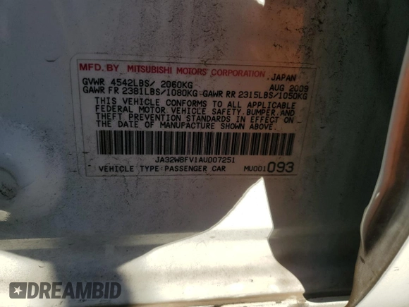 2010 Mitsubishi Lancer Evolution GSR with VIN JA32W8FV1AU007251, listed as a Copart auction lot 89408075 with 90,188 mi miles and Salvage Title. Bid and sale history available at DreamBid. Image 12.