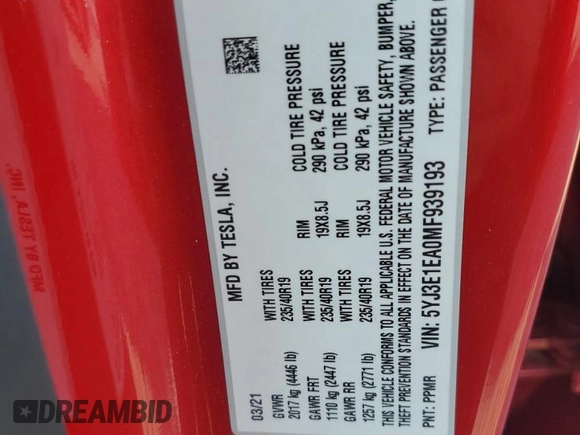 2021 Tesla Model 3 Standard Range Plus with VIN 5YJ3E1EA0MF939193, listed as a Copart auction lot 44625105 with 30,679 mi miles and Salvage Title. Bid and sale history available at DreamBid. Image 13.