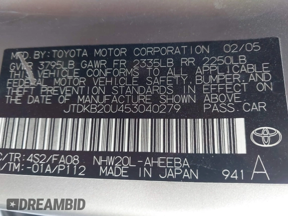 2005 Toyota Prius with VIN JTDKB20U453040279, listed as a IAAI auction lot 41335444 with 204,689 mi miles and . Bid and sale history available at DreamBid. Image 9.