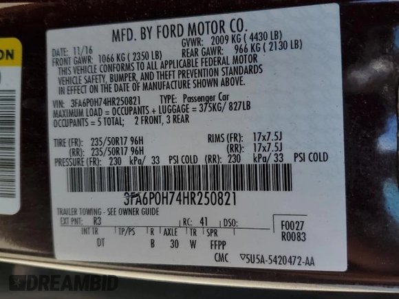 2017 Ford Fusion SE with VIN 3FA6P0H74HR250821, listed as a Copart auction lot 62937965 with 101,919 mi miles and Clean title. Bid and sale history available at DreamBid. Image 12.