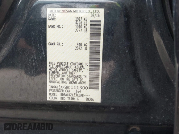 2017 Nissan Altima SV with VIN 1N4AL3AP5HC111300, listed as a IAAI auction lot 41884846 with 96,717 mi miles and . Bid and sale history available at DreamBid. Image 9.