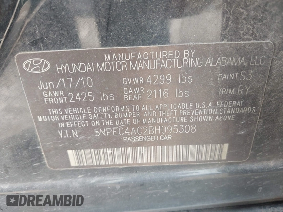 2011 Hyundai Sonata Limited with VIN 5NPEC4AC2BH095308, listed as a IAAI auction lot 41967278 with 283,995 mi miles and . Bid and sale history available at DreamBid. Image 9.