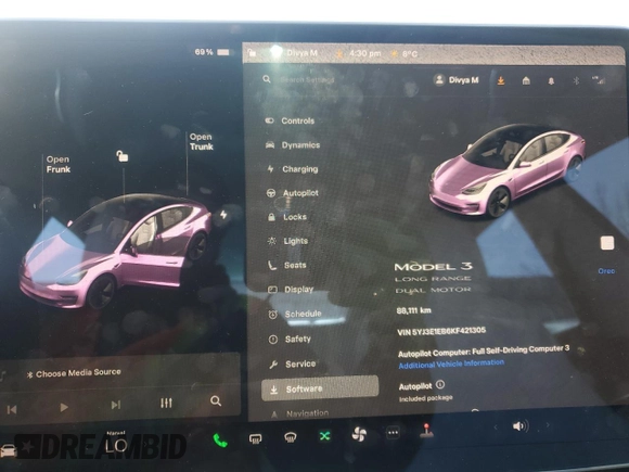 2019 Tesla Model 3 Long Range with VIN 5YJ3E1EB6KF421305, listed as a Copart auction lot 54838355 with 88,111 mi miles and Clean Title. Bid and sale history available at DreamBid. Image 9.
