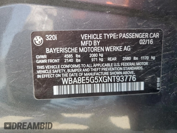 2016 BMW 3 Series 320i xDrive z VIN WBA8E5G5XGNT93776, wystawiony jako Copart lot #54050865 z przebiegiem 119 189 mil mil oraz Szkoda całkowita • Salvage title. Historia ofert i sprzedaży dostępna na DreamBid. Obrazek 12.
