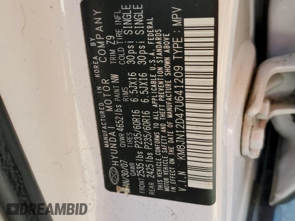 2007 Hyundai Tucson SE with VIN KM8JN12D47U641209, listed as a Copart auction lot 77636264 with Not Provided miles and Salvage Title. Bid and sale history available at carsss.com. Image 13.