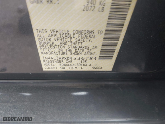 2013 Nissan Altima 2.5 SV with VIN 1N4AL3APXDN536784, listed as a IAAI auction lot 41825176 with 243,304 mi miles. Bid and sale history available at carsss.com. Image 9.