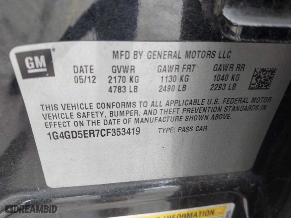 2012 Buick LaCrosse Premium 1 with VIN 1G4GD5ER7CF353419, listed as a IAAI auction lot 41575866 with 1 mi miles. Bid and sale history available at carsss.com. Image 9.