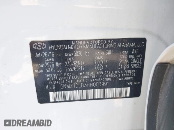 2017 Hyundai Santa Fe 2.4L z VIN 5NMZTDLB3HH003991, wystawiony jako IAAI lot #42051238 z przebiegiem 125 742 mil mil oraz . Historia ofert i sprzedaży dostępna na DreamBid. Obrazek 9.