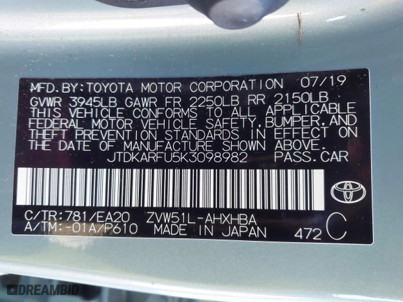 2019 Toyota Prius L Eco with VIN JTDKARFU5K3098982, listed as a IAAI auction lot 41295370 with 1 mi miles. Bid and sale history available at carsss.com. Image 9.