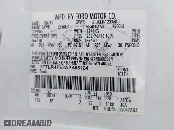 2010 Ford Ranger XLT with VIN 1FTLR4FE3APA65124, listed as a IAAI auction lot 40771884 with 138,233 mi miles and . Bid and sale history available at DreamBid. Image 9.