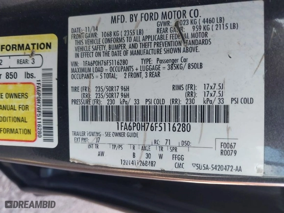 2015 Ford Fusion SE with VIN 1FA6P0H76F5116280, listed as a IAAI auction lot 41434030 with 278,970 mi miles. Bid and sale history available at carsss.com. Image 9.