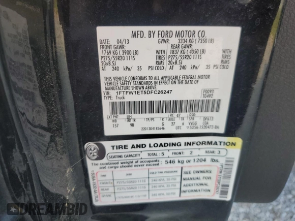 2013 Ford F-150 XL with VIN 1FTFW1ET5DFC26247, listed as a Copart auction lot 64248645 with 183,903 mi miles and Salvage title. Bid and sale history available at DreamBid. Image 12.