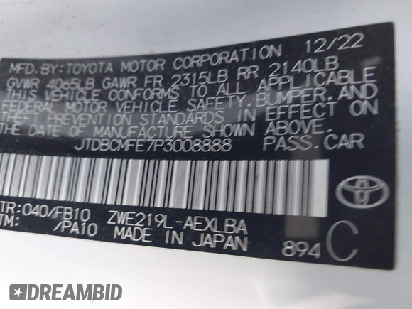 2023 Toyota Corolla Hybrid LE with VIN JTDBCMFE7P3008888, listed as a IAAI auction lot 41943160 with 168,198 mi miles. Bid and sale history available at carsss.com. Image 9.