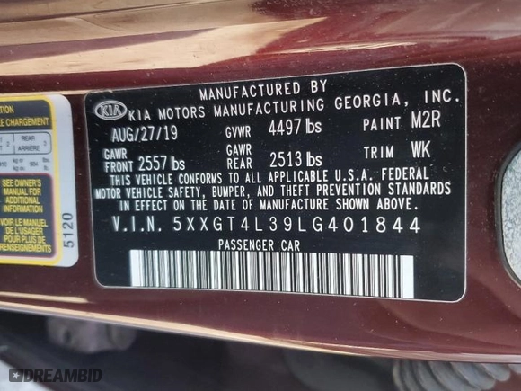 2020 Kia Optima SE with VIN 5XXGT4L39LG401844, listed as a Copart auction lot 83113414 with 51,591 mi miles and Salvage Title. Bid and sale history available at carsss.com. Image 12.