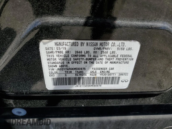 2019 Infiniti Q50 Luxe with VIN JN1EV7AR6KM590975, listed as a Copart auction lot 52868085 with 54,935 mi miles and Non repairable. Bid and sale history available at DreamBid. Image 14.
