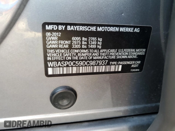 2013 BMW 5 Series with VIN WBASP0C59DC987937, listed as a Copart auction lot 84171054 with 115,522 mi miles and Salvage title. Bid and sale history available at DreamBid. Image 13.