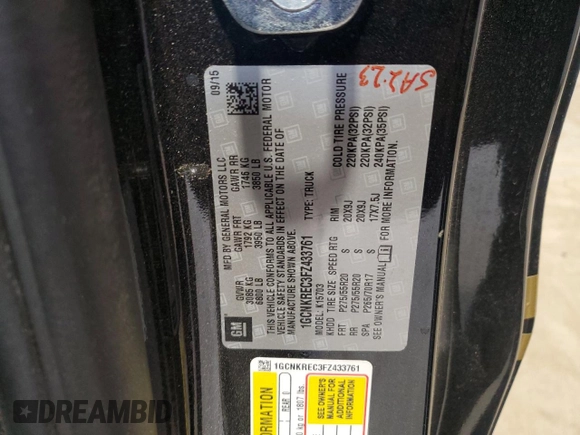 2015 Chevrolet Silverado 1500 LT with VIN 1GCNKREC3FZ433761, listed as a Copart auction lot 49672965 with 52,155 mi miles and Salvage Title. Bid and sale history available at carsss.com. Image 12.
