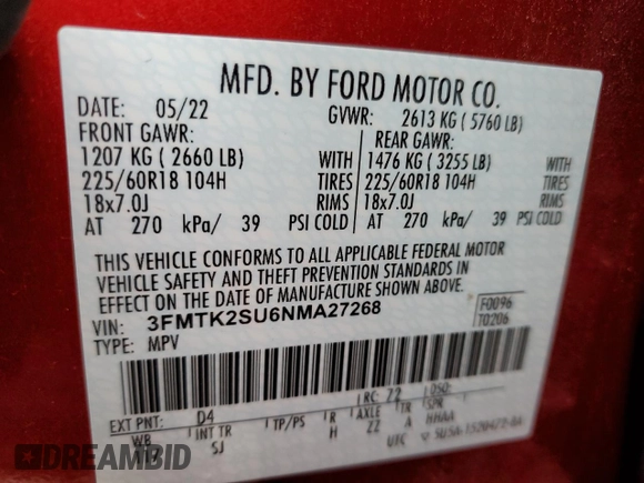 2022 Ford Mustang Mach-E California Route 1 z VIN 3FMTK2SU6NMA27268, wystawiony jako Copart lot #85608674 z przebiegiem Nie podano mil oraz Szkoda całkowita • Salvage title. Historia ofert i sprzedaży dostępna na DreamBid. Obrazek 12.
