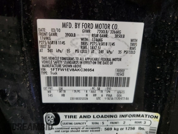 2010 Ford F-150 XL с VIN 1FTFW1EV8AKC36954, выставлен на аукционе Copart как лот 52243375 с пробегом 223 118 миль миль и Чистый • Clean title. История ставок и продаж доступна на DreamBid. Изображение 12.