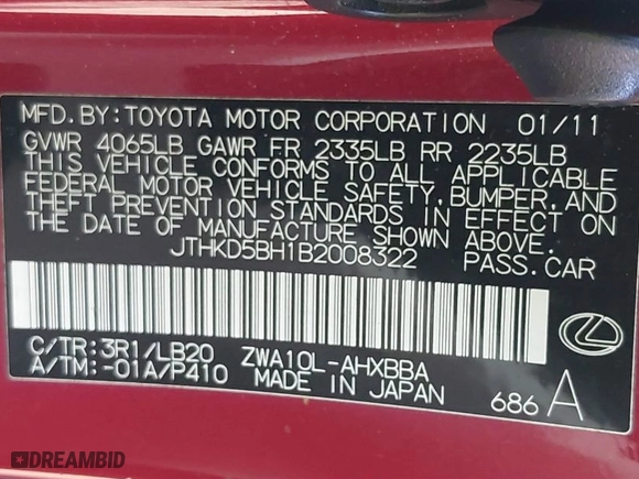 2011 Lexus CT 200h with VIN JTHKD5BH1B2008322, listed as a IAAI auction lot 41681509 with 132,537 mi miles. Bid and sale history available at carsss.com. Image 9.