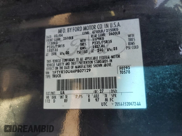 2004 Ford Ranger XL with VIN 1FTYR10U44PB07129, listed as a Copart auction lot 49108875 with Not Provided miles and Salvage Title. Bid and sale history available at DreamBid. Image 12.