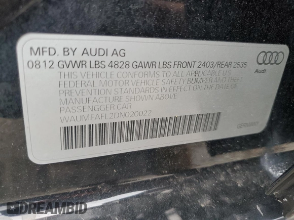 2013 Audi A4 Prestige with VIN WAUMFAFL2DN020022, listed as a Copart auction lot 69309304 with 67,074 mi miles and Salvage Title. Bid and sale history available at carsss.com. Image 12.