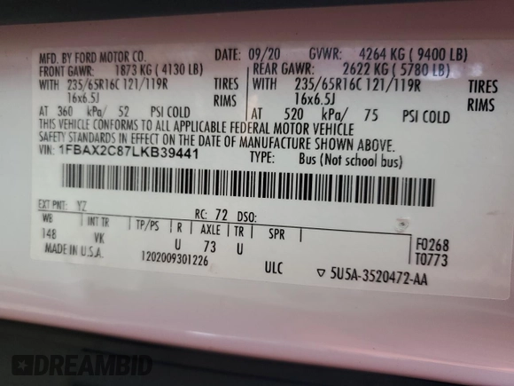 2020 Ford Transit Passenger XL с VIN 1FBAX2C87LKB39441, выставлен на аукционе Copart как лот 86386694 с пробегом 41 847 миль миль и Списание • Salvage title. История ставок и продаж доступна на DreamBid. Изображение 13.
