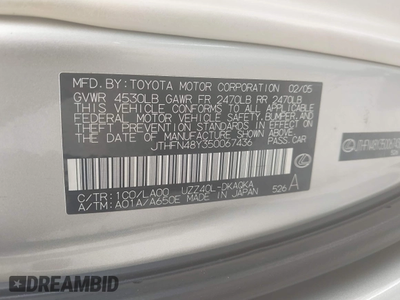 2005 Lexus SC 430 с VIN JTHFN48Y350067436, выставлен на аукционе IAAI как лот 42489208 с пробегом 165 431 миль миль и . История ставок и продаж доступна на DreamBid. Изображение 9.
