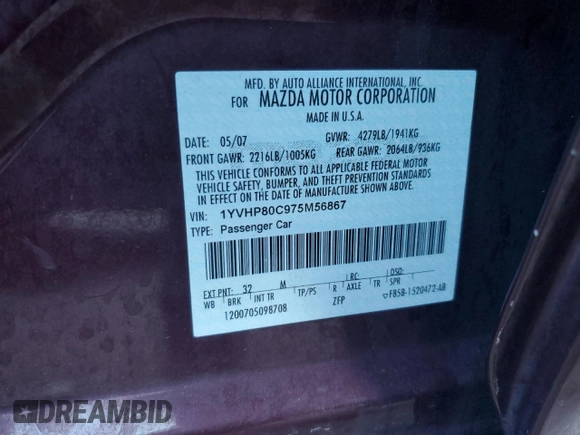 2007 Mazda 6 i Touring with VIN 1YVHP80C975M56867, listed as a Copart auction lot 88903655 with Not Provided miles and Salvage Title. Bid and sale history available at DreamBid. Image 14.