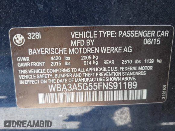 2015 BMW 3 Series 328i with VIN WBA3A5G55FNS91189, listed as a IAAI auction lot 41296279 with 115,120 mi miles. Bid and sale history available at carsss.com. Image 9.
