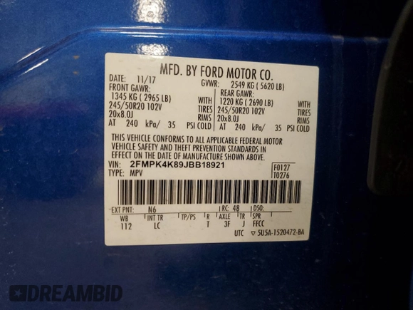 2018 Ford Edge Titanium with VIN 2FMPK4K89JBB18921, listed as a Copart auction lot 52107655 with 84,790 mi miles and Non Repairable. Bid and sale history available at carsss.com. Image 14.