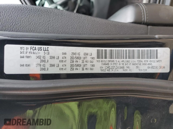 2018 Dodge Durango GT with VIN 1C4RDJDG7JC416409, listed as a Copart auction lot 55337995 with 94,455 mi miles and Salvage title. Bid and sale history available at DreamBid. Image 13.