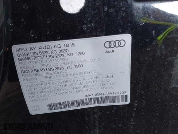 2015 Audi Q5 Premium Plus z VIN WA1DGAFP3FA121707, wystawiony jako IAAI lot #42287712 z przebiegiem 66 775 mil mil oraz . Historia ofert i sprzedaży dostępna na DreamBid. Obrazek 9.
