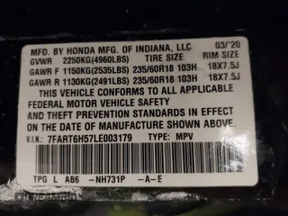 2020 Honda CR-V EX with VIN 7FART6H57LE003179, listed as a IAAI auction lot 41069912 with 53,189 mi miles and . Bid and sale history available at DreamBid. Image 9.
