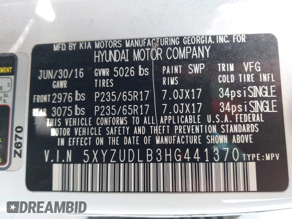 2017 Hyundai Santa Fe 2.4L with VIN 5XYZUDLB3HG441370, listed as a IAAI auction lot 42388929 with 97,441 mi miles and . Bid and sale history available at DreamBid. Image 9.