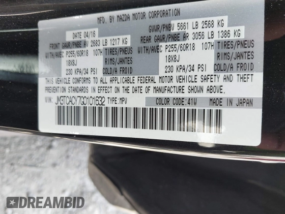 2016 Mazda CX-9 Touring with VIN JM3TCACY7G0101632, listed as a IAAI auction lot 42191115 with 163,070 mi miles and . Bid and sale history available at DreamBid. Image 9.