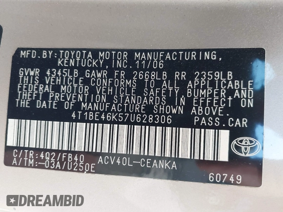 2007 Toyota Camry CE with VIN 4T1BE46K57U628306, listed as a IAAI auction lot 42177529 with 193,351 mi miles and . Bid and sale history available at DreamBid. Image 9.
