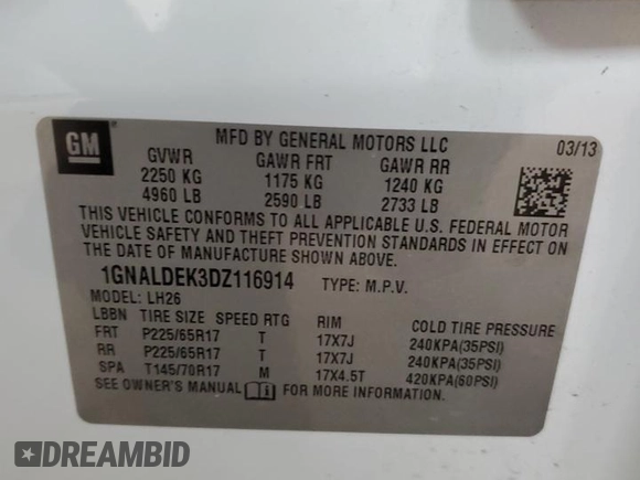 2013 Chevrolet Equinox LT with VIN 1GNALDEK3DZ116914, listed as a Copart auction lot 62698224 with 186,105 mi miles and Salvage Title. Bid and sale history available at DreamBid. Image 13.