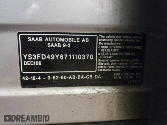2007 Saab 9-3 z VIN YS3FD49Y671110370, wystawiony jako Copart lot #53775805 z przebiegiem 137 929 mil mil oraz Nie do naprawy. Historia ofert i sprzedaży dostępna na DreamBid. Obrazek 12.