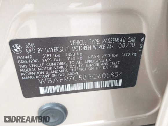 2011 BMW 5 Series 535i with VIN WBAFR7C58BC605804, listed as a IAAI auction lot 42047548 with 147,833 mi miles and . Bid and sale history available at carsss.com. Image 9.
