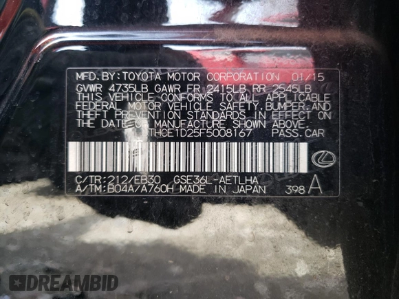 2015 Lexus IS 350 with VIN JTHCE1D25F5008167, listed as a Copart auction lot 49696125 with 121,377 mi miles and Salvage title. Bid and sale history available at DreamBid. Image 12.