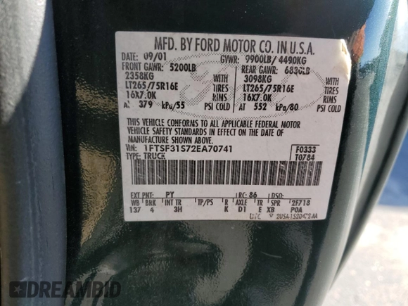 2002 Ford F-350 XL with VIN 1FTSF31S72EA70741, listed as a Copart auction lot 87664435 with 74,755 mi miles and Clean Title. Bid and sale history available at DreamBid. Image 12.